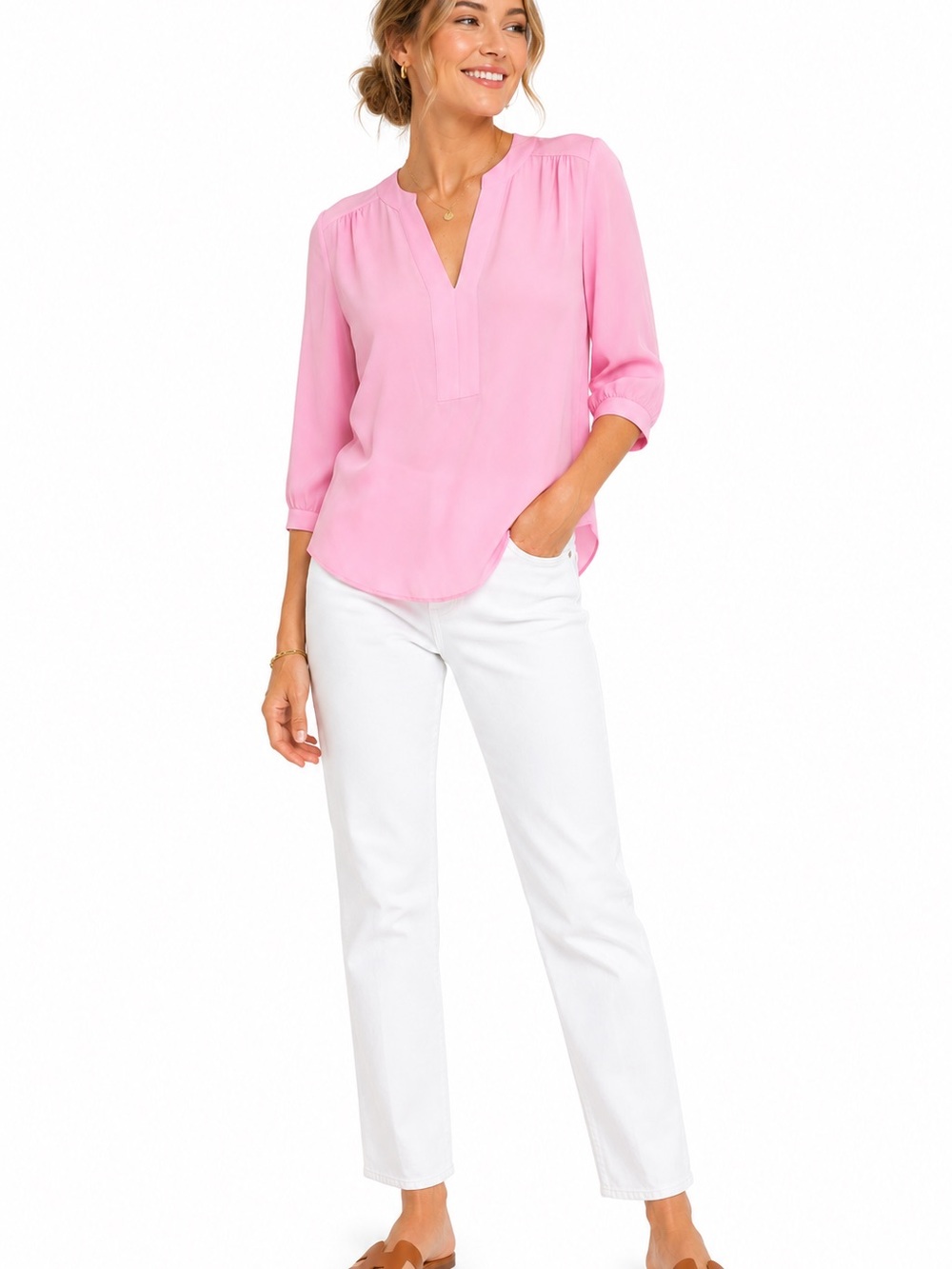 Ellie Kai Pink 100% Silk Split Neck Blouse Size 4
